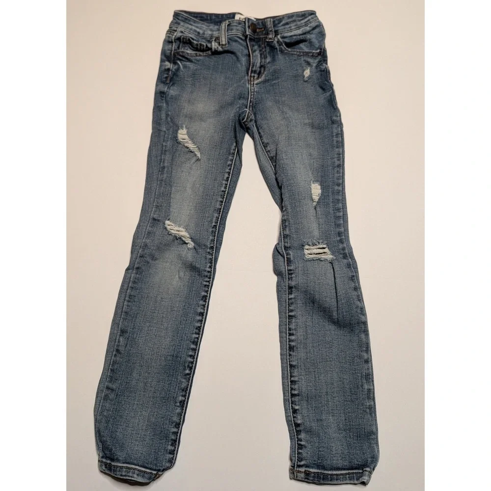 RSQ Girls Blue Distressed Mid Rise Ankle Jeans Size 7‎ Ripped Denim Slim Leg